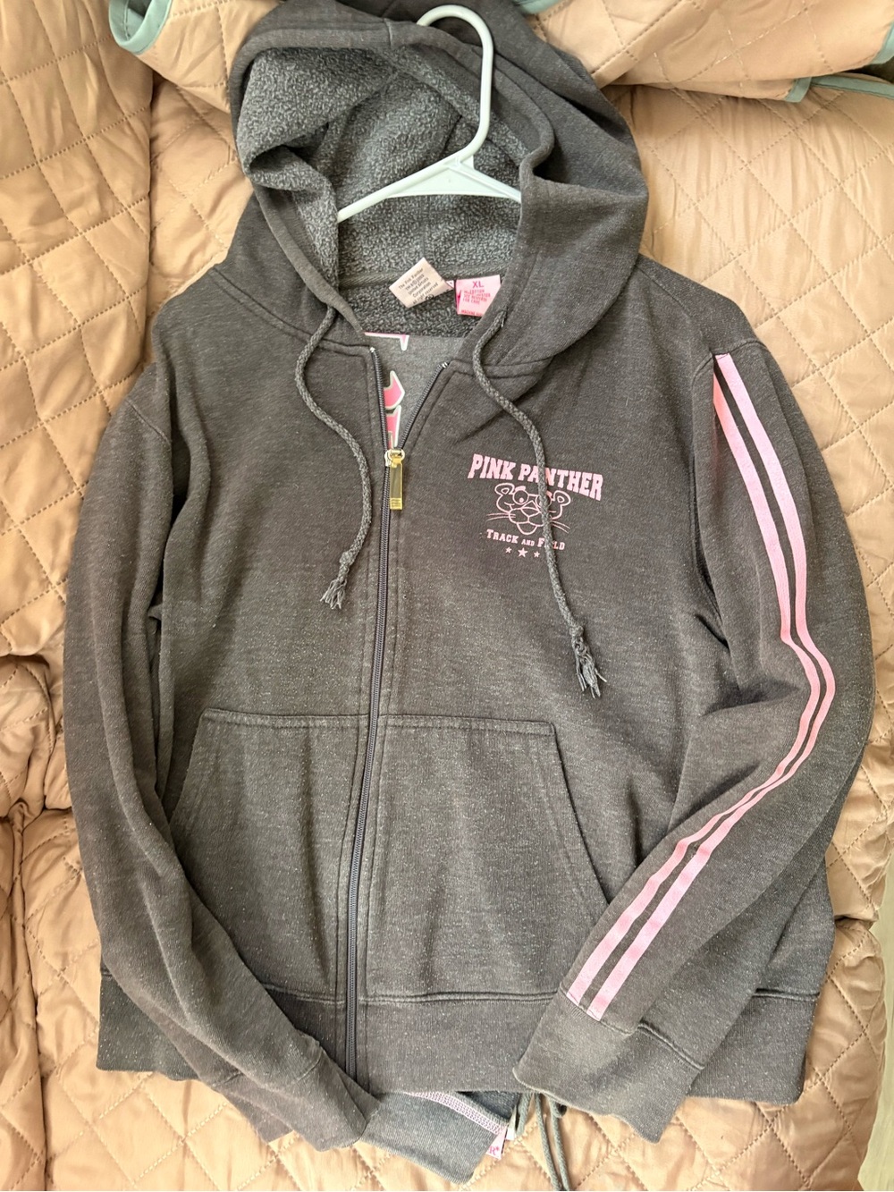 Women's Y2K Pink Panther Gray Zip Hoodie with Pink Stripes
